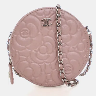Pre-owned Chanel Calfskin Round Camellia Clutch With Chain In Pink