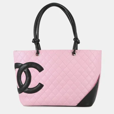 Pre-owned Chanel Cambon Line Large Tote Pink/black Leather Size Large