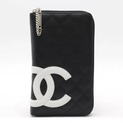 Pre-owned Chanel Cambon Line Leather Zip Wallet Organizer In Black