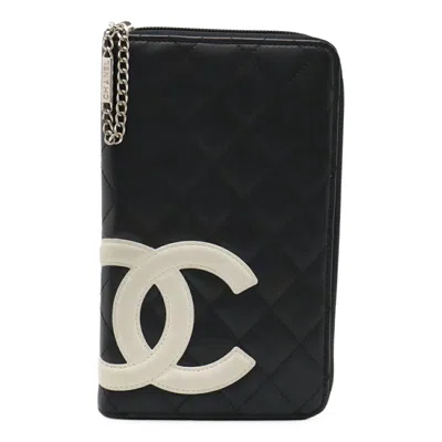 Pre-owned Chanel Cambon Line Leather Zip Wallet Organizer In Black
