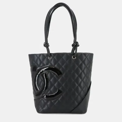 Pre-owned Chanel Cambon Line Medium Tote Bag Leather Enamel Black Silver Hardware