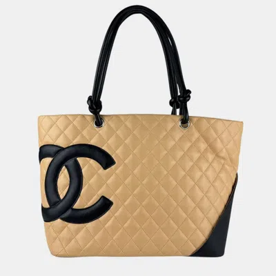 Pre-owned Chanel Cambon Line Shoulder Bag Tote Beige Black In Sand