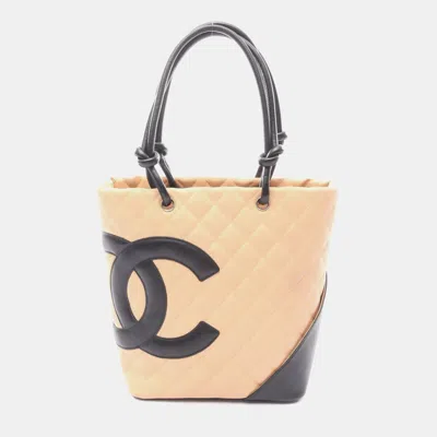 Pre-owned Chanel Cambon Medium Tote Bag Leather Beige Black In Sand