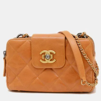 Pre-owned Chanel Camel Calfskin Matelasse Camera Chain Shoulder Bag In Brown