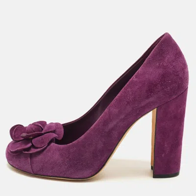 Pre-owned Chanel Camelia Cc Size 37.5 Purple Suede Block Heel Pumps
