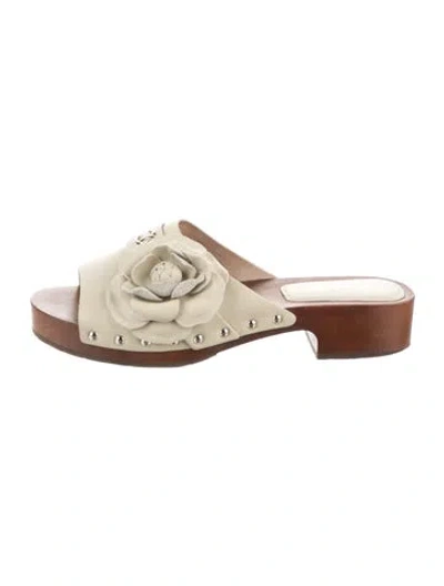 Pre-owned Chanel Camellia Accent Leather Mules In Neutral