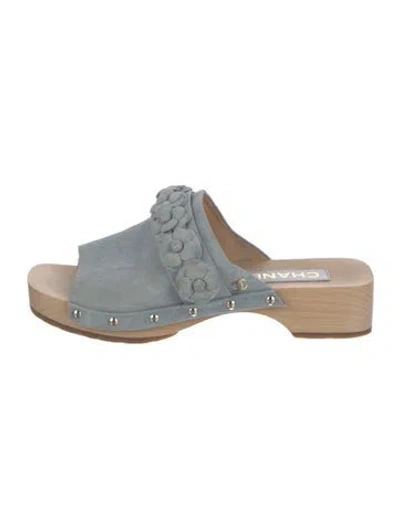 Pre-owned Chanel Camellia Accent Suede Slides In Blue