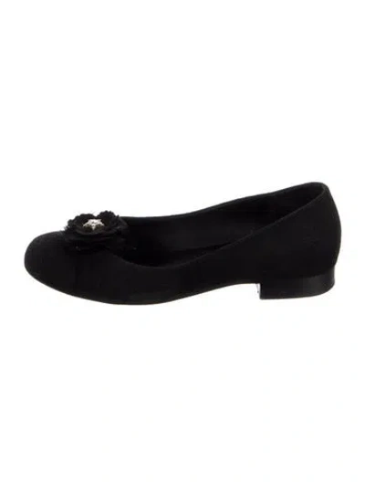 Pre-owned Chanel Camellia Accent Wool Ballet Flats In Black