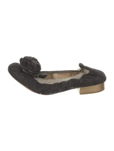 Pre-owned Chanel Camellia Accent Wool Flats In Gray