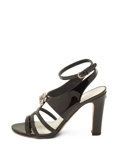 Pre-owned Chanel Camellia Ankle Strap Leather Heeled Sandals In Black