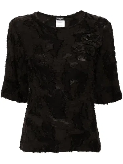 Pre-owned Chanel Camellia-appliqué Jacquard Blouse In Black