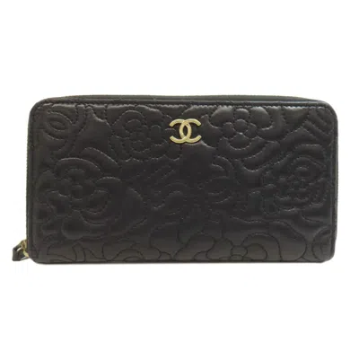 Pre-owned Chanel Camellia Black Leather Long Wallet (bi-fold) ()