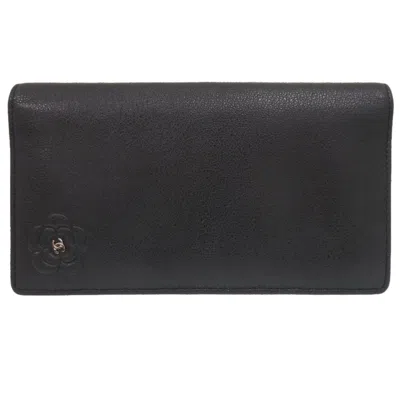 Pre-owned Chanel Camellia Black Leather Long Wallet (bi-fold) ()