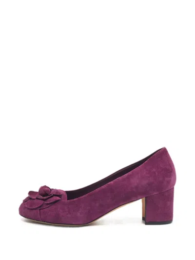 Pre-owned Chanel Camellia Block Heel Pumps In Purple
