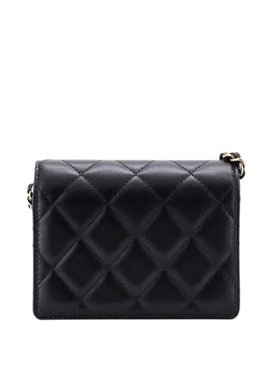Pre-owned Chanel Camellia Bow Flap Card Holder With Chain Quilted Lambskin Clutch Bag In Black