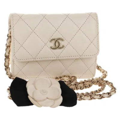 Pre-owned Chanel Camellia Bow Flap Card Holder With Chain Quilted Lambskin Leather Shoulder Bag Bag () In White
