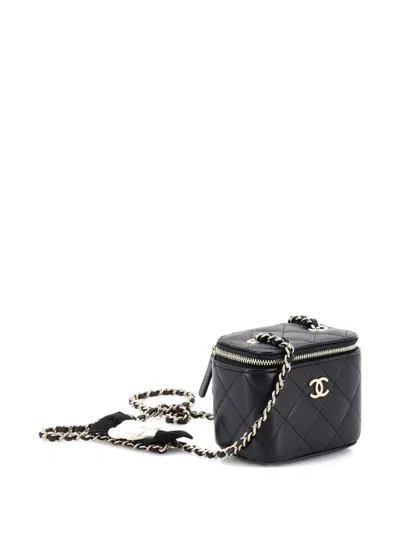 Pre-owned Chanel Camellia Bow Vanity Case With Chain Quilted Lambskin Mini Crossbody Bag In Black