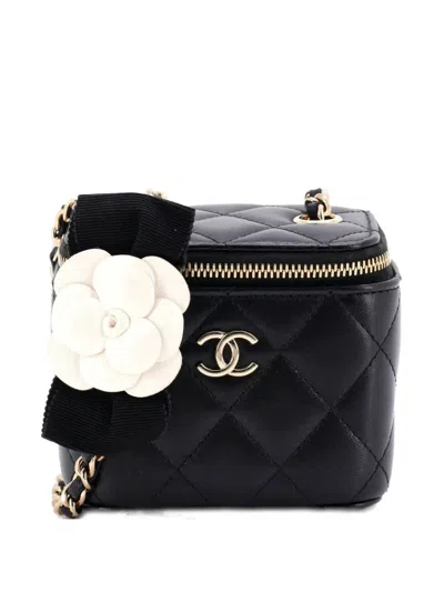 Pre-owned Chanel Camellia Bow Vanity Case With Chain Quilted Lambskin Mini Crossbody Bag In Black