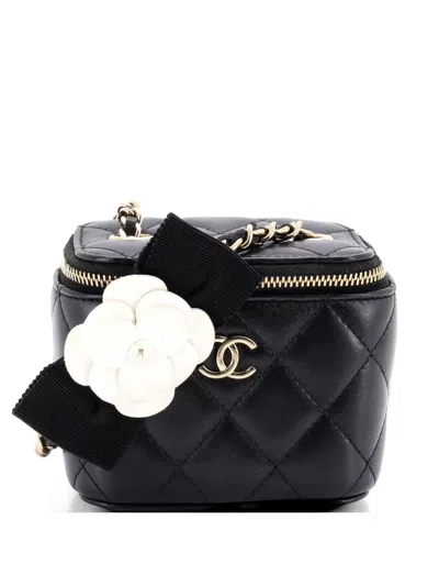 Pre-owned Chanel Camellia Bow Vanity Case With Chain Quilted Lambskin Mini Crossbody Bag In Black