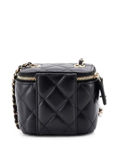 Pre-owned Chanel Camellia Bow Vanity Case With Chain Quilted Lambskin Mini Crossbody Bag In Black