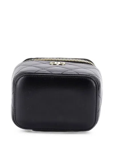 Pre-owned Chanel Camellia Bow Vanity Case With Chain Quilted Lambskin Mini Crossbody Bag In Black