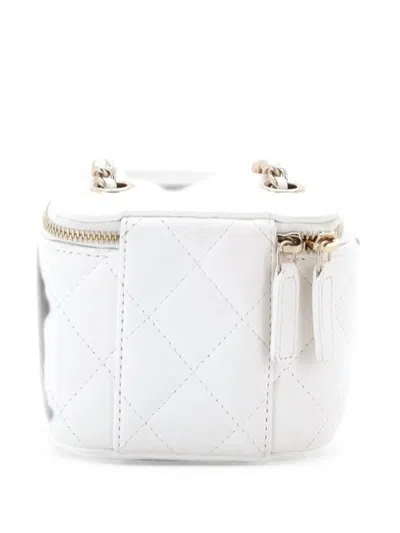 Pre-owned Chanel Camellia Bow Vanity Case With Chain Quilted Lambskin Mini Crossbody Bag In White