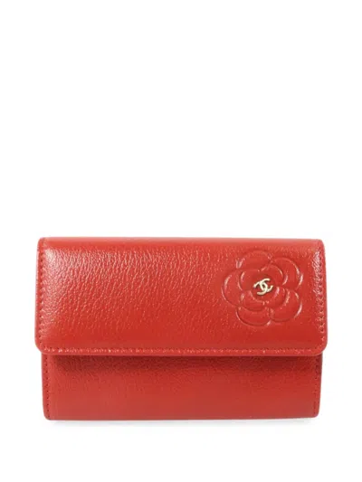 Pre-owned Chanel Camellia Cc Card Holder In Red