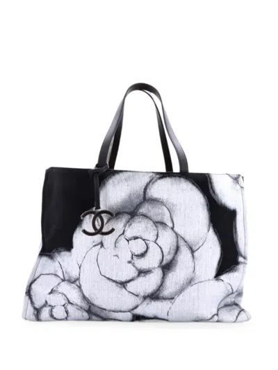 Pre-owned Chanel Camellia Cc Printed Canvas Large Tote Bag In Black