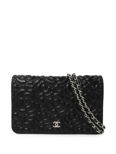 Pre-owned Chanel Camellia Cc Wallet On Chain In Black