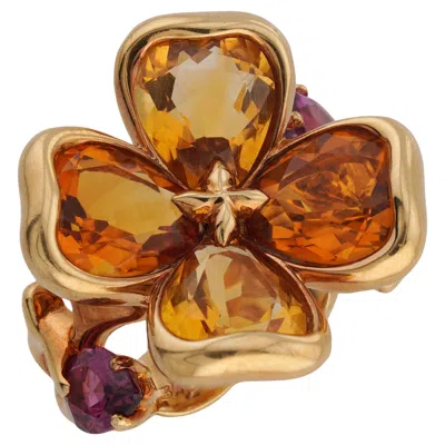 Pre-owned Chanel Camellia Citrine Amethyst Yellow Gold Flower Ring