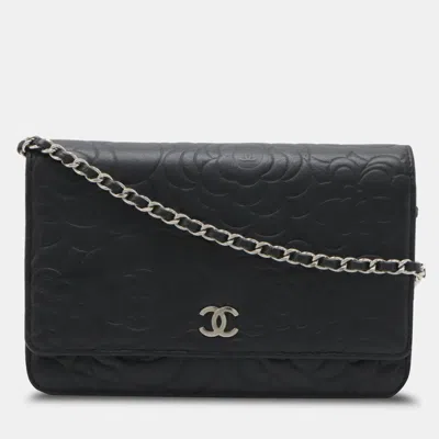 Pre-owned Chanel Camellia Coco Mark Chain Wallet Shoulder Bag Pochette Lambskin Leather Black