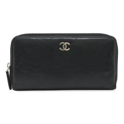 Pre-owned Chanel Camellia Coco Mark Lambskin Long Wallet In Black