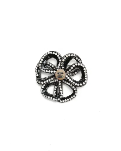 Pre-owned Chanel Camellia Coco Mark Rhinestone Brooch In Black