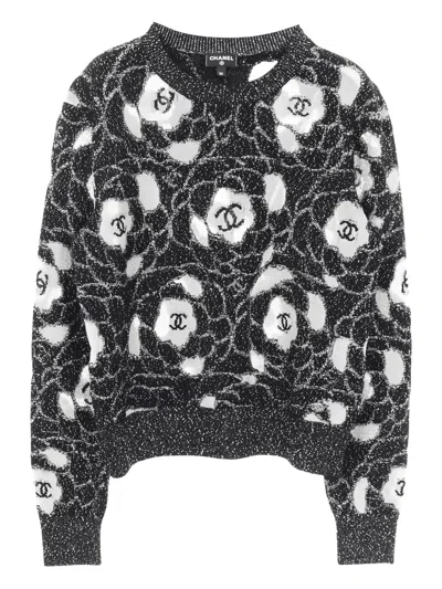 Pre-owned Chanel Camellia Coco-mark Sweater In Black