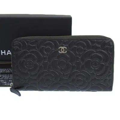 Pre-owned Chanel Camellia Dark Gray Leather Long Wallet (bi-fold) ()