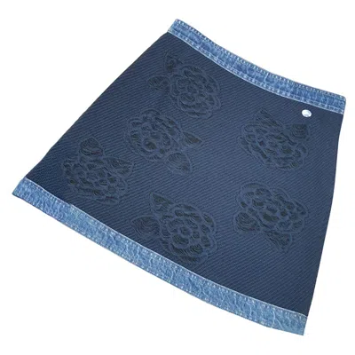 Pre-owned Chanel Camellia Denim Mini Skirt Sz.38 In Blue