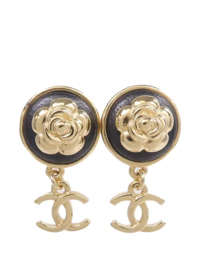 Pre-owned Chanel Camellia Drop-charm Earrings In Gold