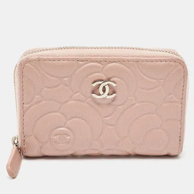Pre-owned Chanel Camellia Embossed Leather Zip Around Coin Purse In Pink