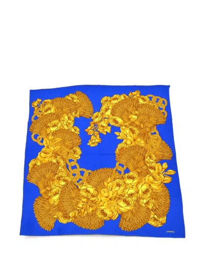 Pre-owned Chanel Camellia Floral Chain-print Scarf In Blue