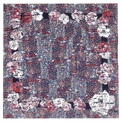 Pre-owned Chanel Camellia Flower & Tweed Print Silk Scarf In Gray