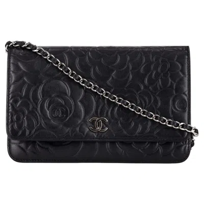 Pre-owned Chanel Camellia Flower Pattern Lambskin Leather Wallet On Chain In Black