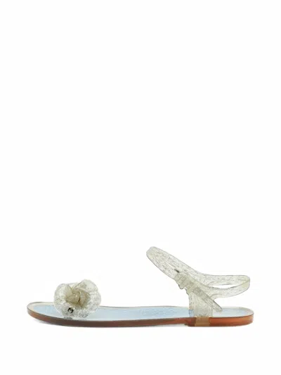 Pre-owned Chanel Camellia Glitter Sandals In White
