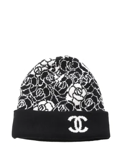 Pre-owned Chanel Camellia-intarsia Beanie In Black