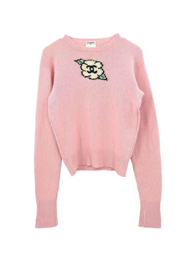 Pre-owned Chanel Camellia Intarsia-knit Sweater In Pink