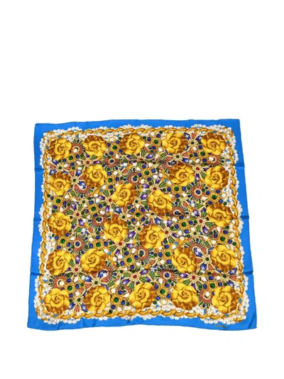 Pre-owned Chanel Camellia Jewel-print Scarf In Blue