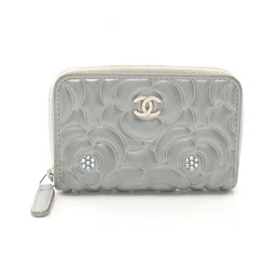Pre-owned Chanel Camellia Leather Coin Purse/coin Case () In Gray