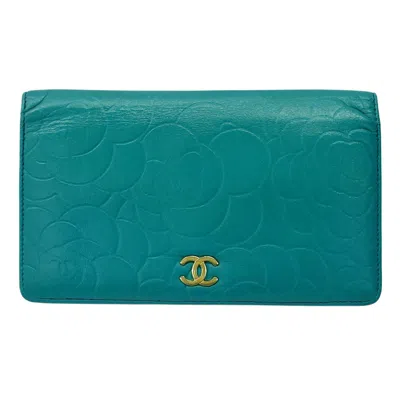 Pre-owned Chanel Camellia Leather Long Wallet (bi-fold) () In Blue