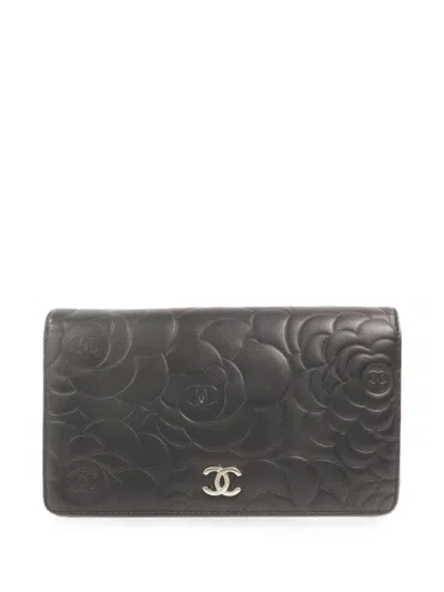 Pre-owned Chanel Camellia Leather Wallet In Black