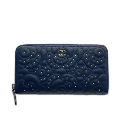 Pre-owned Chanel Camellia Navy Leather Long Wallet (bi-fold) ()