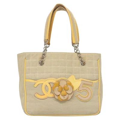Pre-owned Chanel Camellia No.5 Tote Canvas Canvas Bag () In Sand
